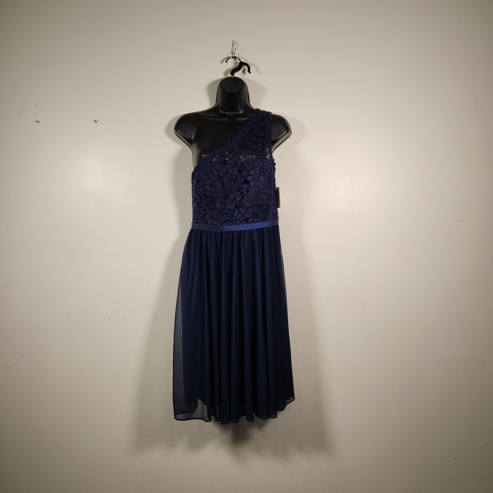 DAVID'S BRIDAL One Shoulder Bridesmaid Gown Womens 6 Marine Blue Lace Ribbon NEW